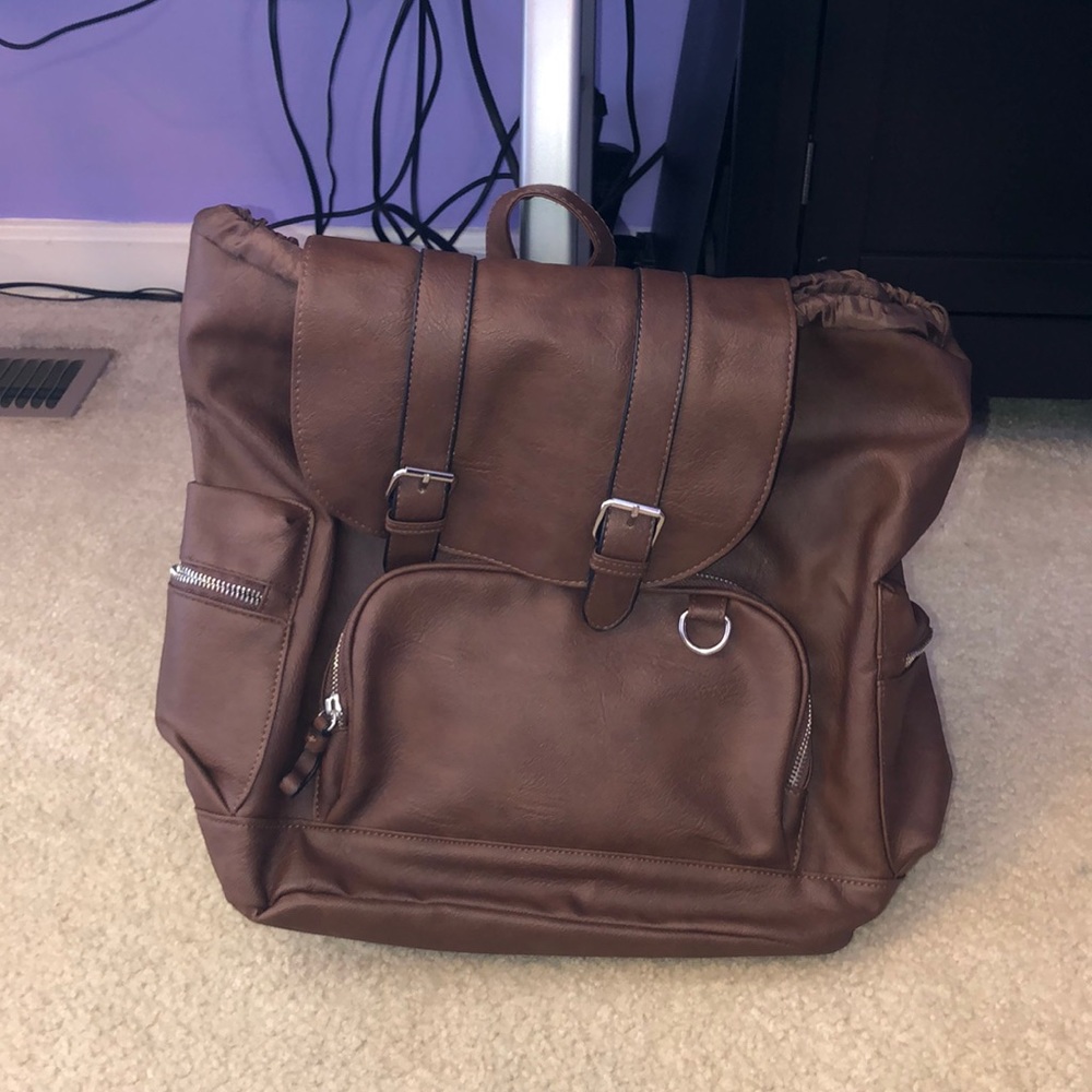brown leather-like book bag